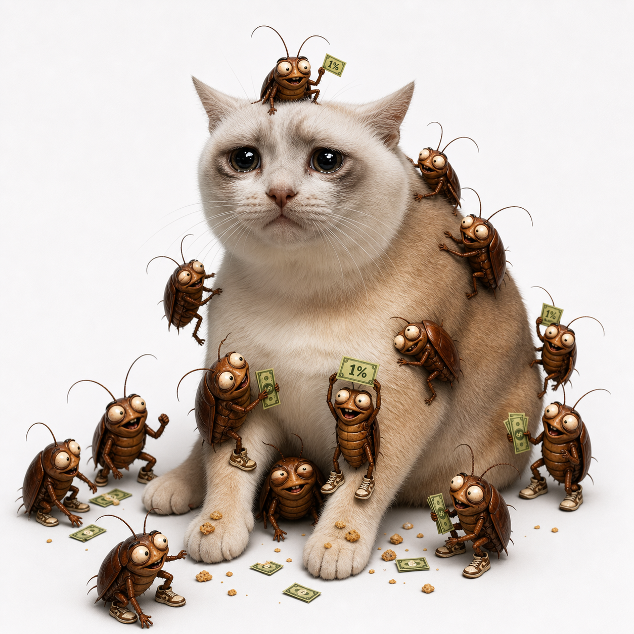 Cash Cat surrounded by Cashroach cockroaches holding 1 percent reward tickets