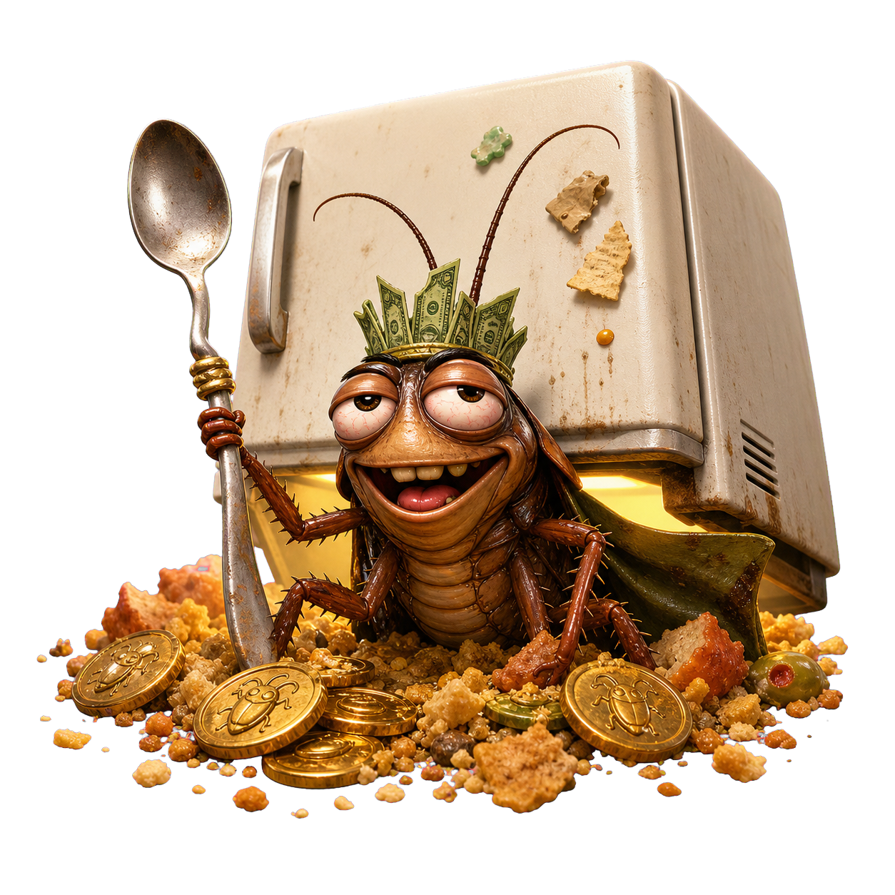 Cashroach king under a refrigerator with crumbs and coins