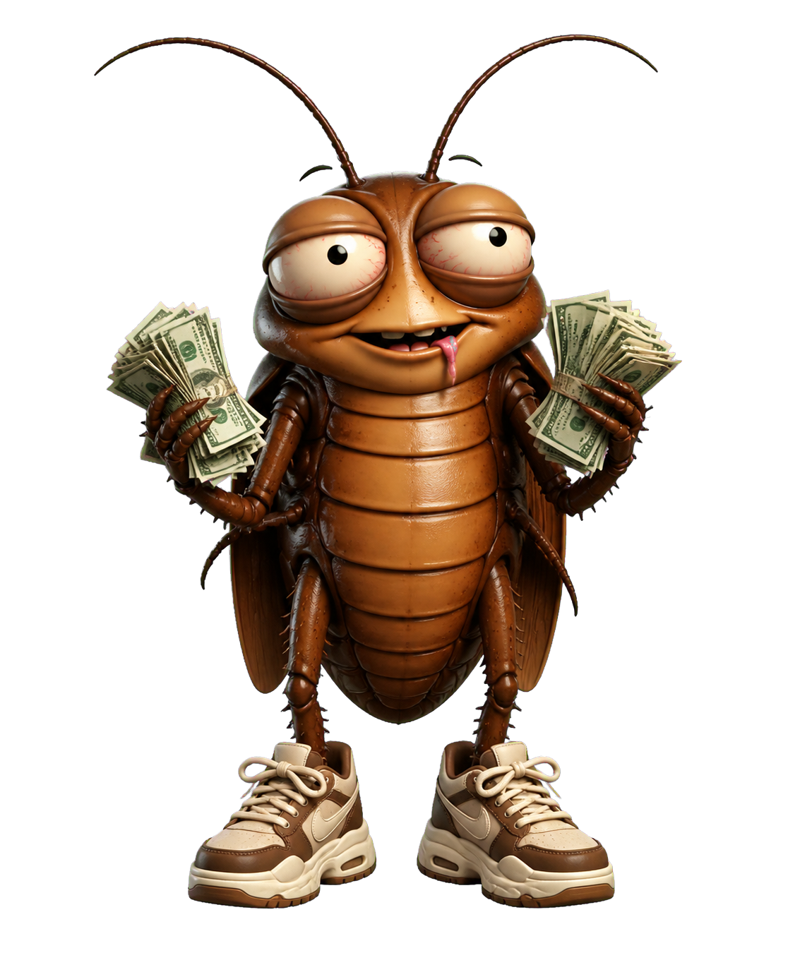 Cashroach mascot with cash and sneakers