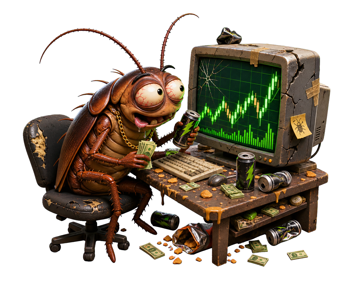 Cashroach watching a chaotic trading chart